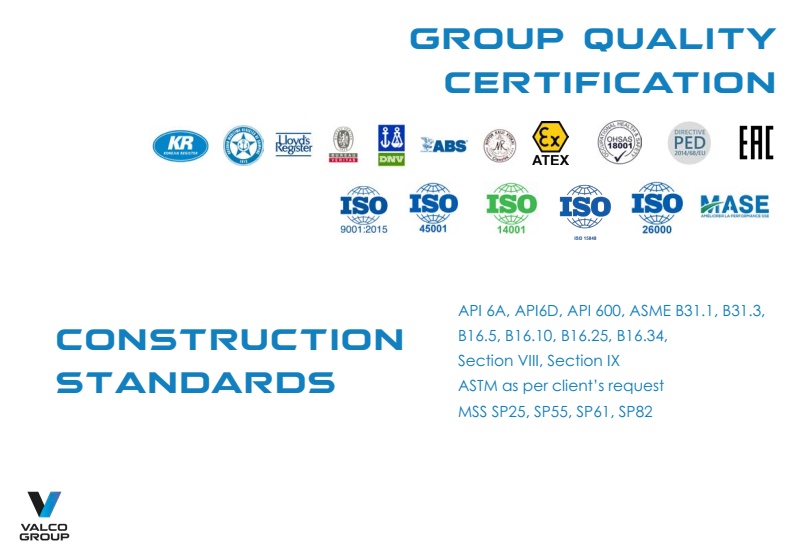 Valco Group certification and quality systems